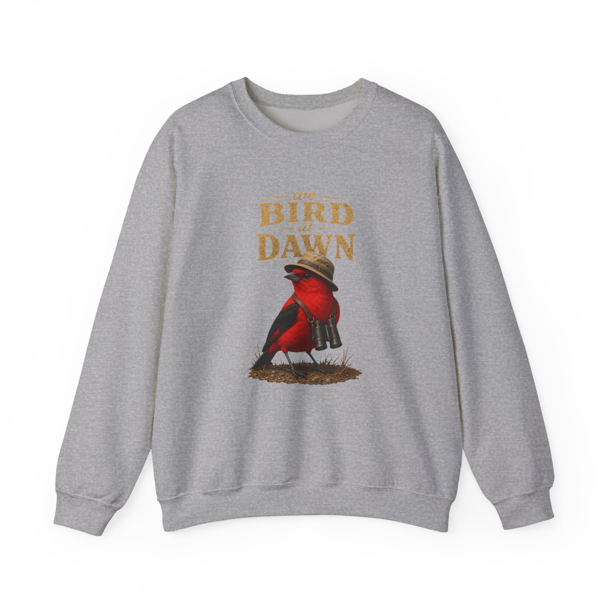 Crewneck Sweatshirt "We Bird at Dawn" — Red Scarlet Tanager Bird Illustration Cozy Pullover