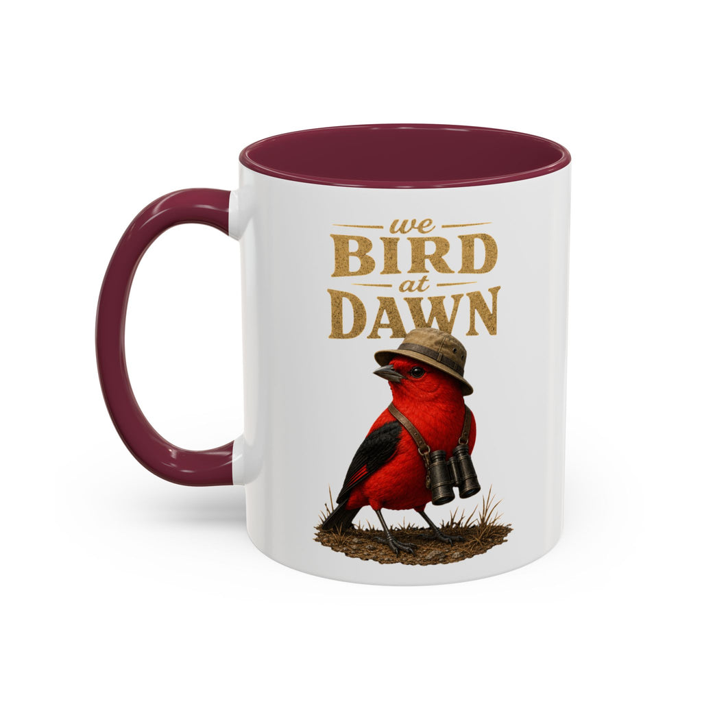 Birdwatcher Coffee Mug — "We Bird at Dawn" Illustrated Scarlet Tanager Mug (11oz/15oz)