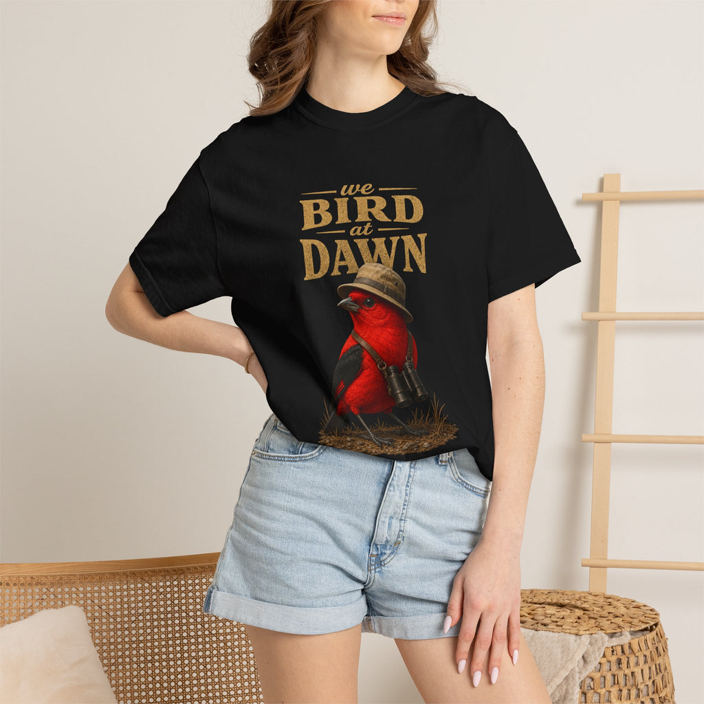 We Bird at Dawn T-Shirt — Vintage Red Scarlet Tanager Bird Graphic Tee