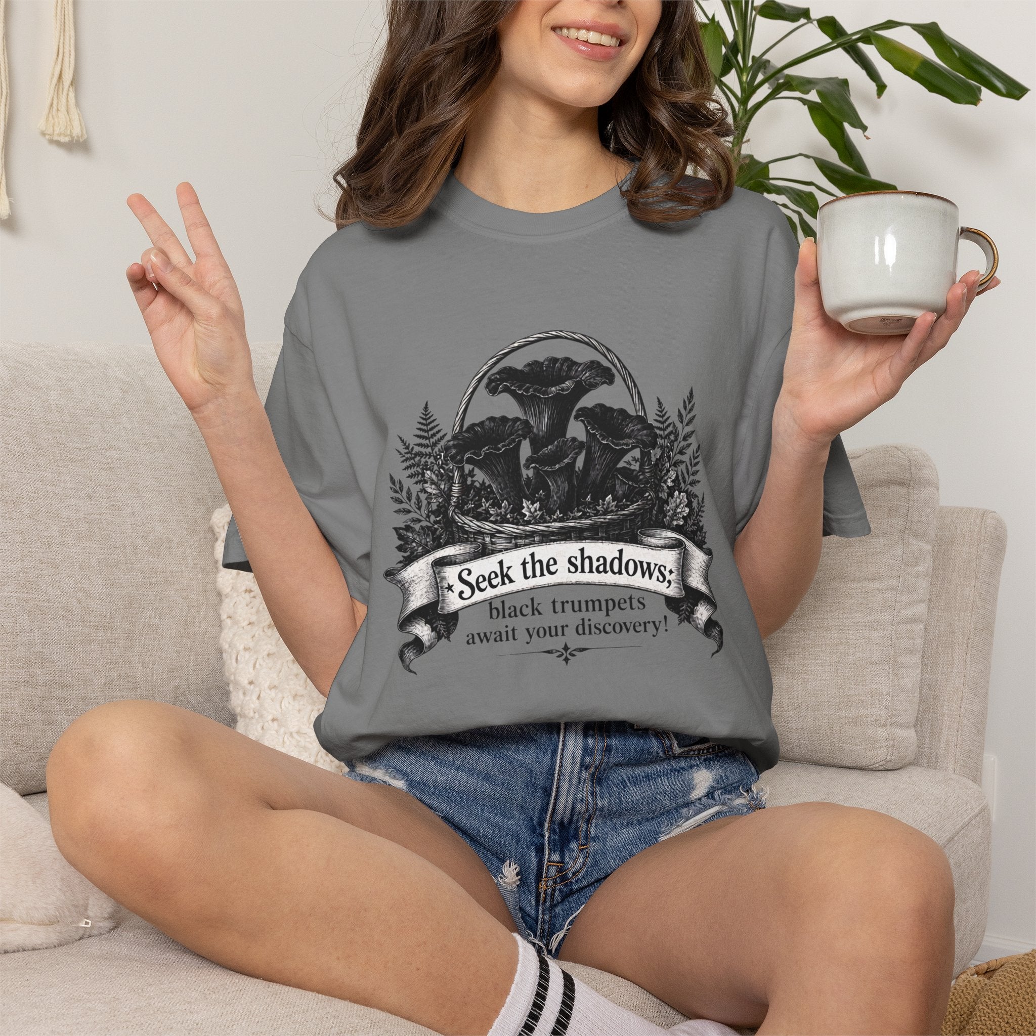 Black Trumpets Mushroom T-Shirt - "Seek the shadows: black trumpets await your discovery" - Foraging & Woodland Tee