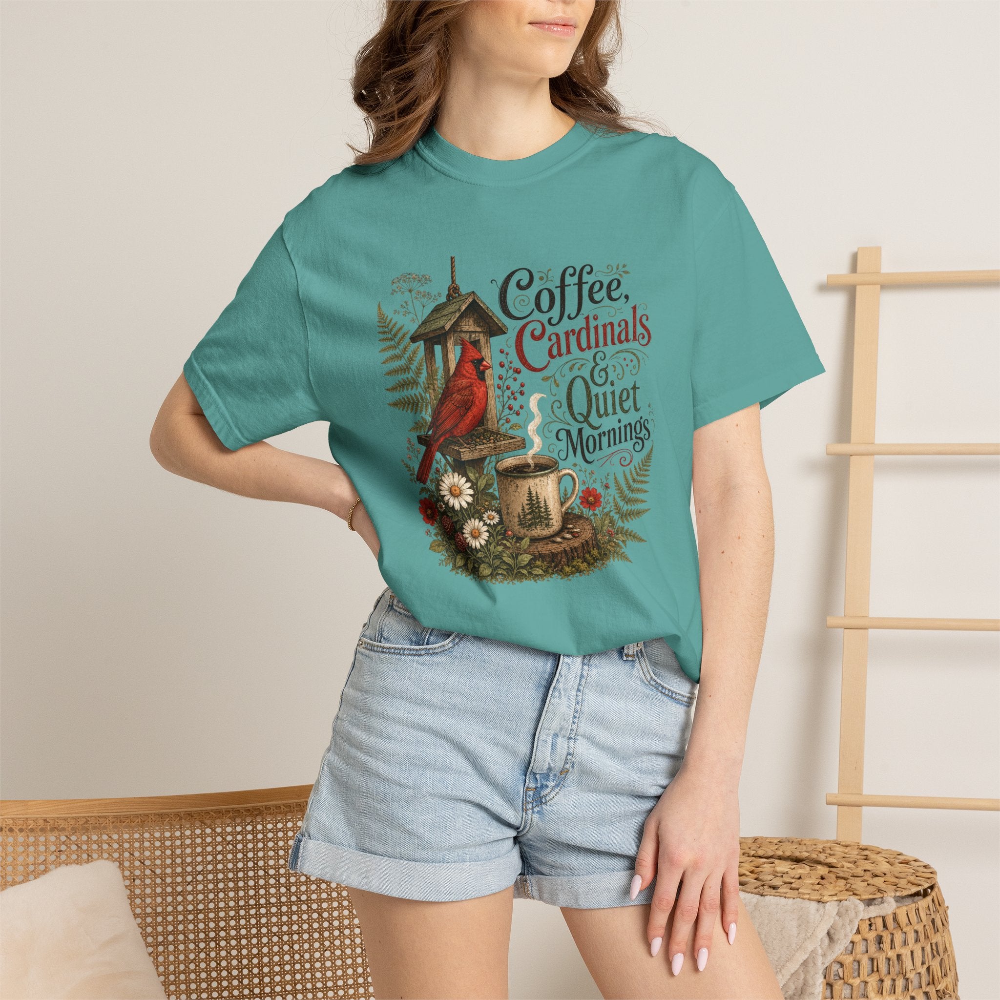 Coffee Cardinal T-Shirt — "Coffee, Cardinal, and Quiet Mornings" Birdwatching Tee