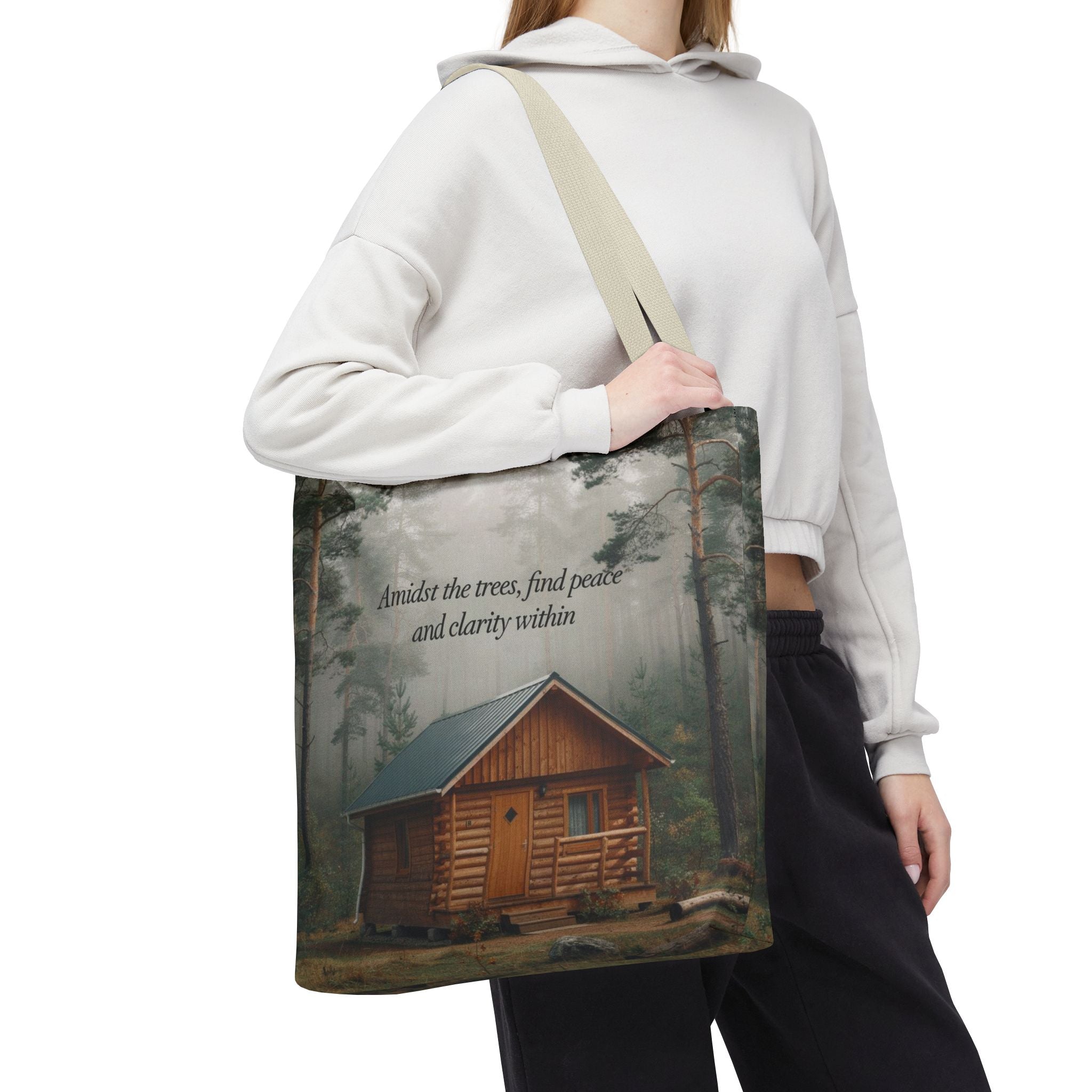 Cabin in the Woods Tote Bag — "Amidst the trees, find peace and clarity within" Nature Canvas Tote
