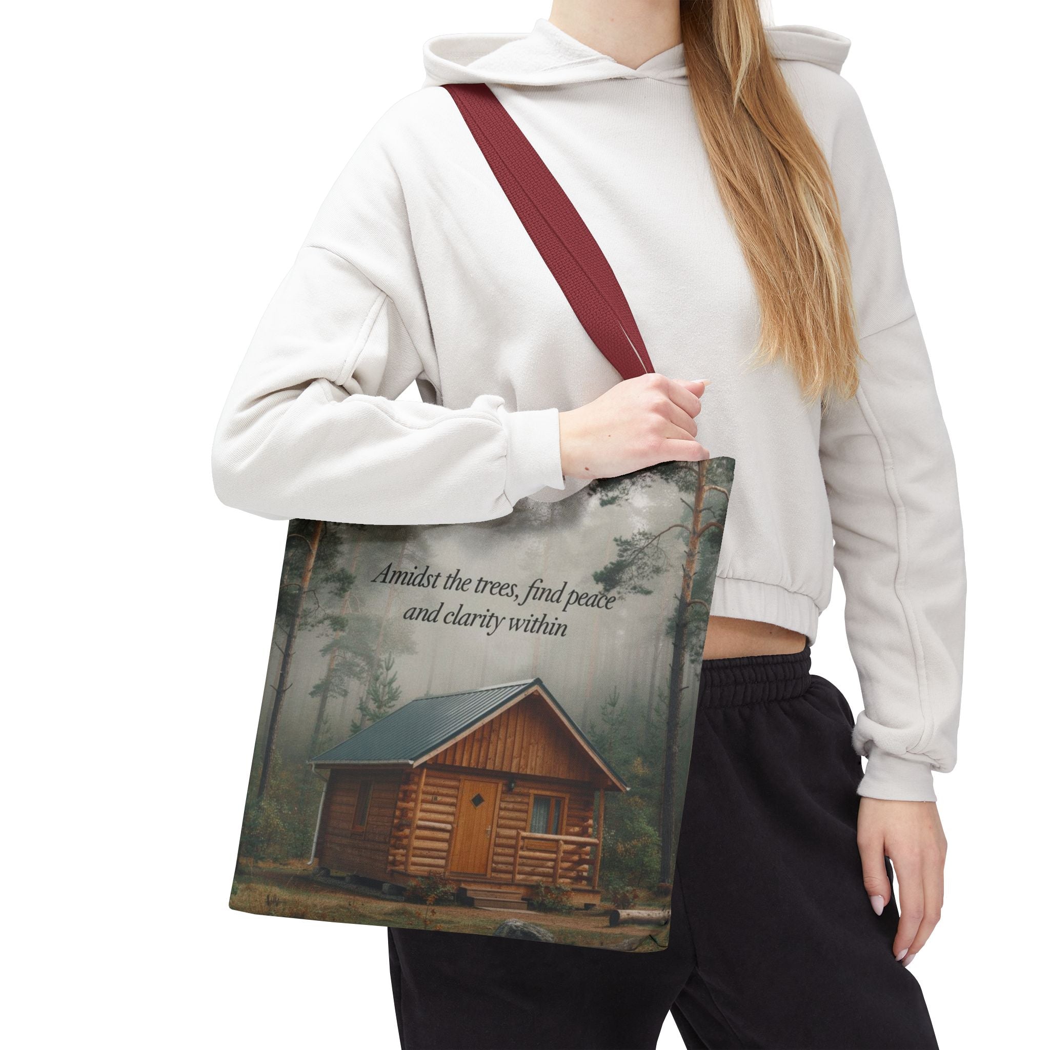 Cabin in the Woods Tote Bag — "Amidst the trees, find peace and clarity within" Nature Canvas Tote