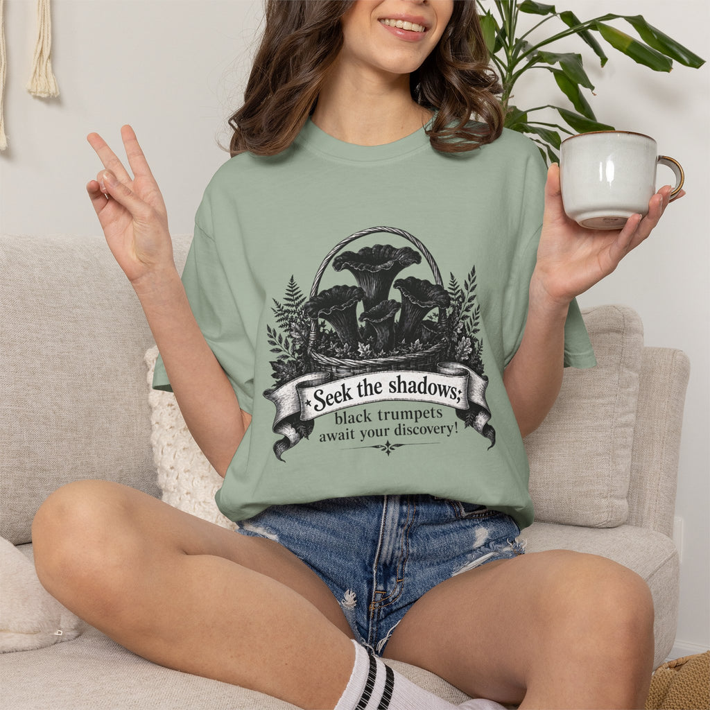 Black Trumpets Mushroom T-Shirt - "Seek the shadows: black trumpets await your discovery" - Foraging & Woodland Tee