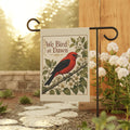 We Bird at Dawn Garden Flag — Scarlet Tanager Birdwatcher Yard Decor