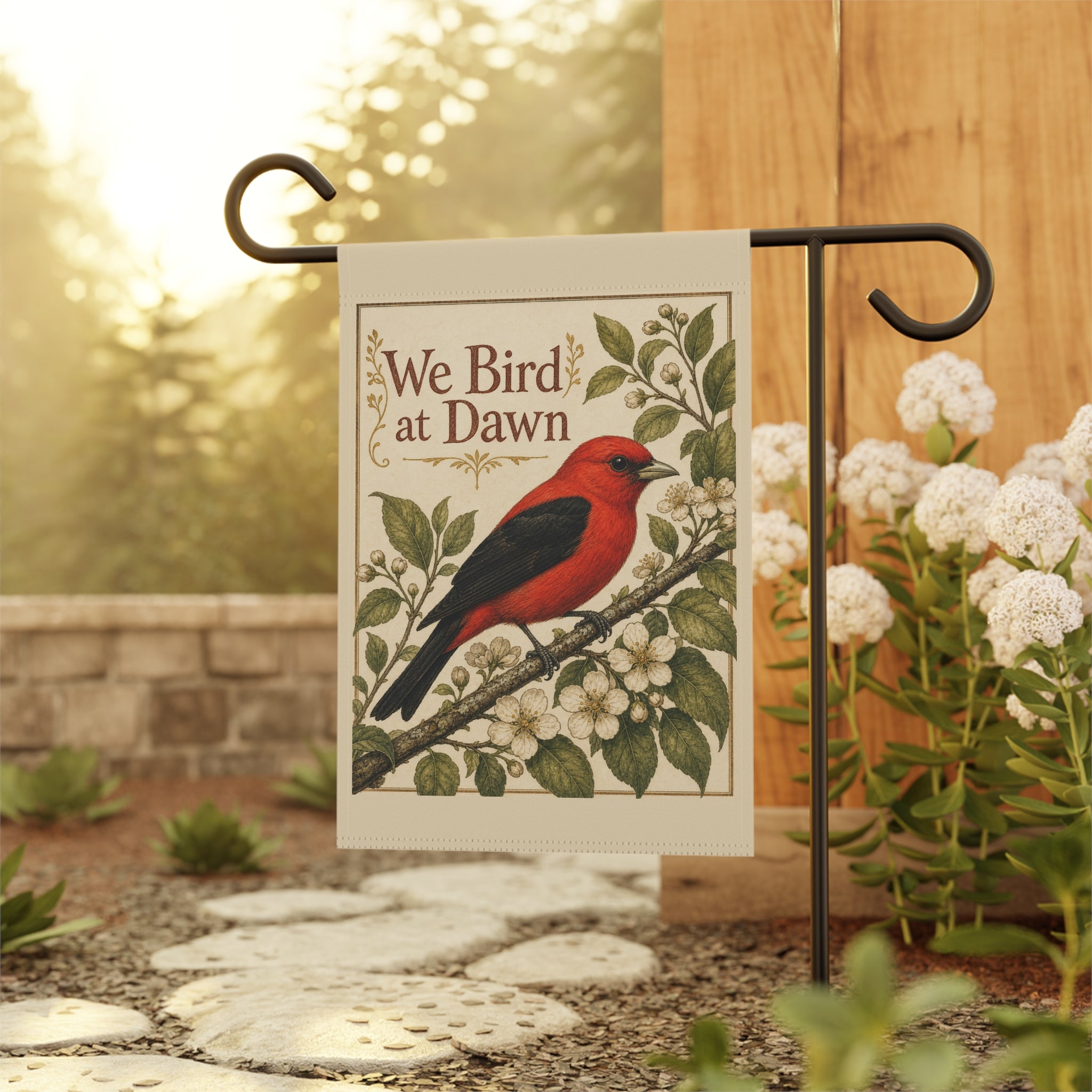 We Bird at Dawn Garden Flag — Scarlet Tanager Birdwatcher Yard Decor